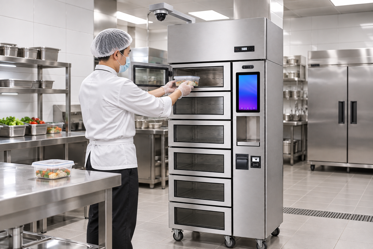 银灰六门留样柜开门存取容器的场景示意